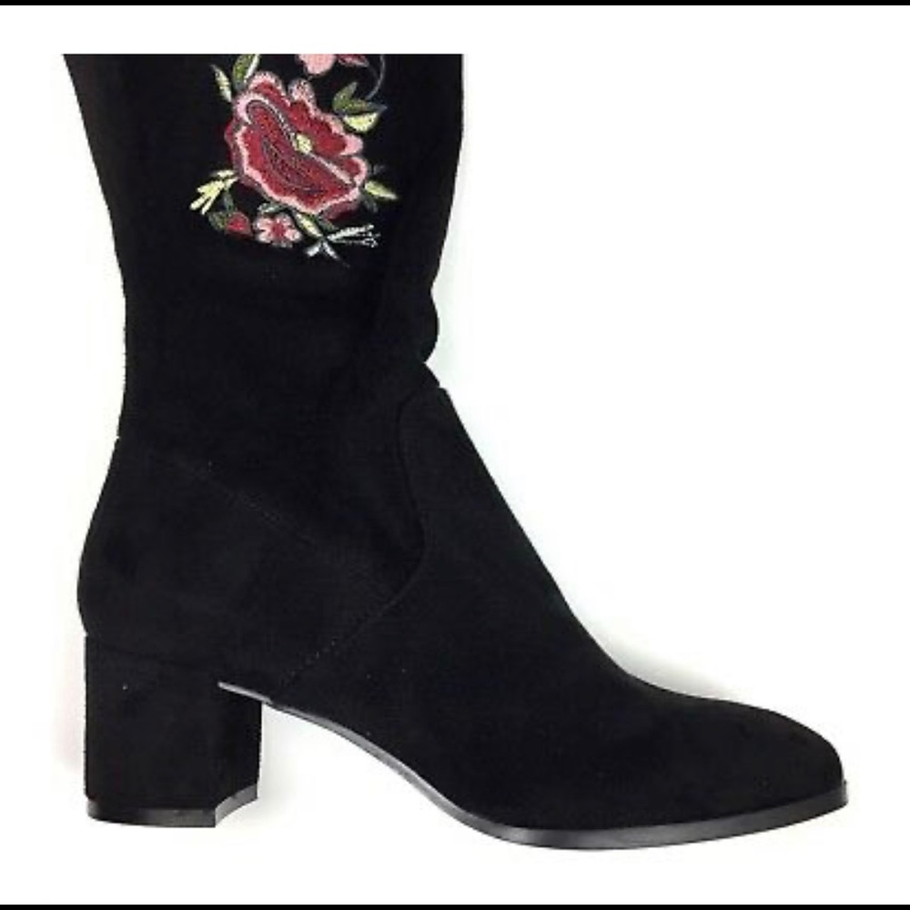 Elaine Embroidered  Black Floral Heeled Boots - Picture 3 of 6